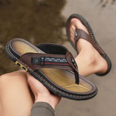 Summer genuine leather non-slip flip flops for men