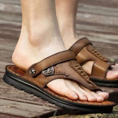 Summer non-slip men’s casual leather flip flops