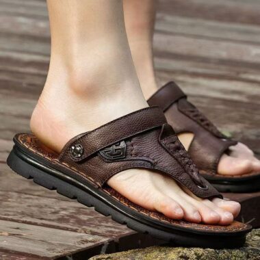 Summer non-slip men’s casual leather flip flops