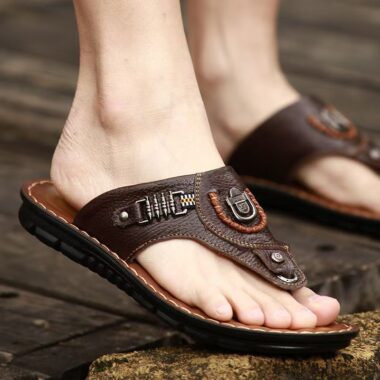 Summer non-slip men’s casual leather flip flops