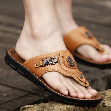 Summer non-slip men’s casual leather flip flops