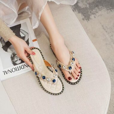 Elegant rhinestone women’s leather flip flops for summer
