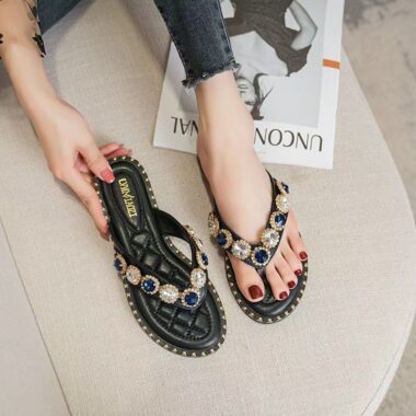Elegant rhinestone women’s leather flip flops for summer