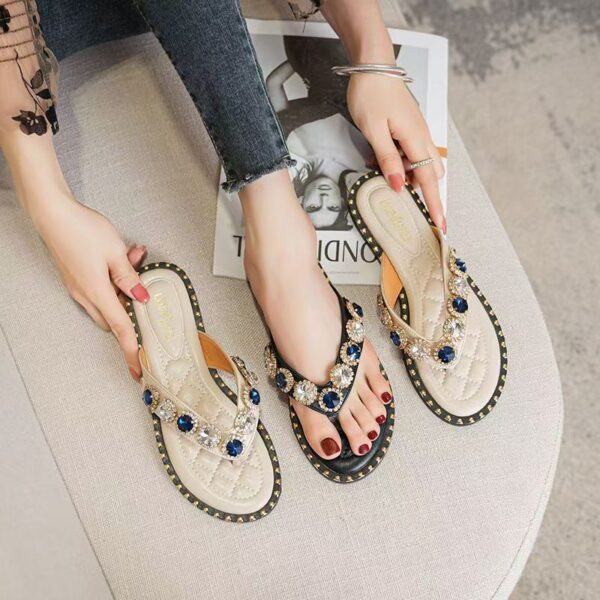 Elegant rhinestone women’s leather flip flops for summer