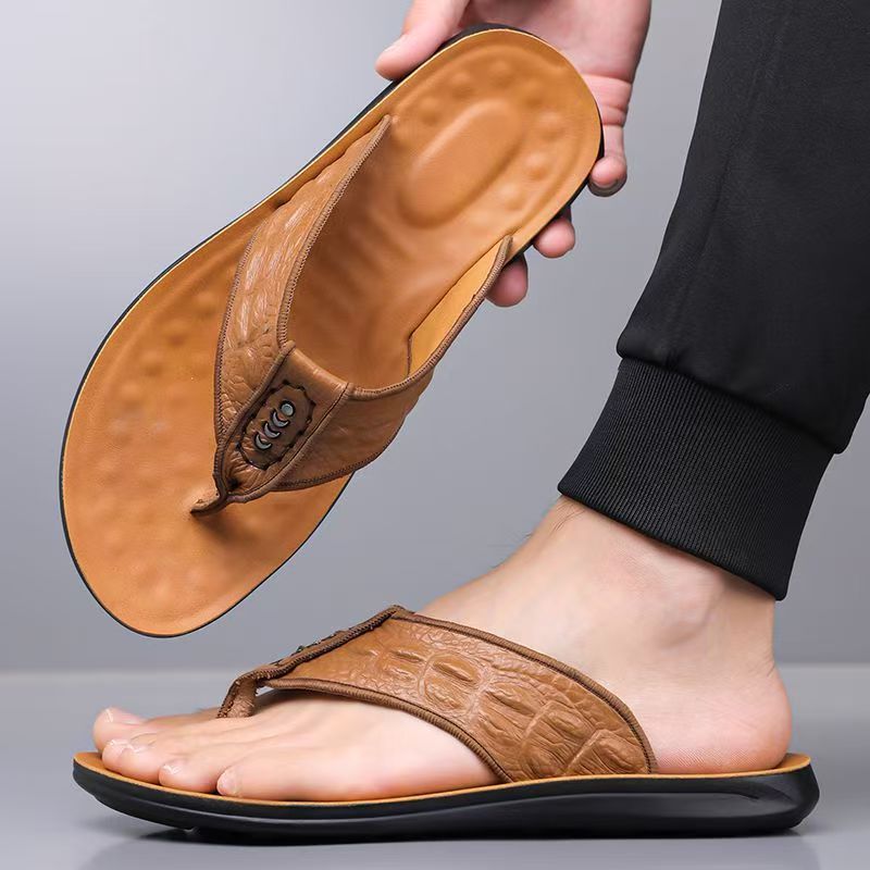 Custom Comfortable Men Leather Flip Flops for Summer