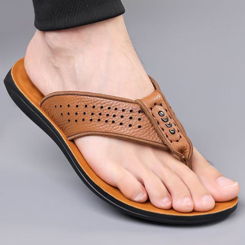 Custom Comfortable Men Leather Flip Flops for Summer